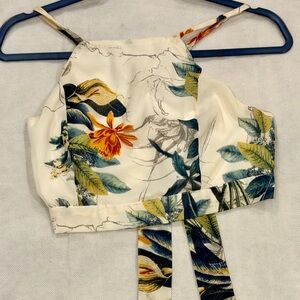 Fashion Nova Floral Halter Crop Top Cream Tropical Tie Back Size L